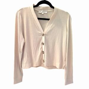 LOFT Ribbed Knit Cream Beige Button Cardigan V-Neck Cropped‎ Stretchy Small S